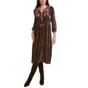 Johnny Was Womens  Taline Velvet Silk-Blend Boho Midi Dress, Brown